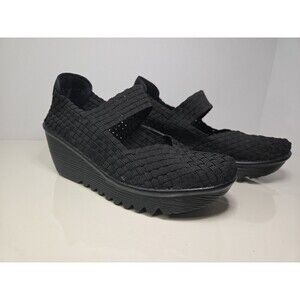 Bernie Mev women Sz 39 Black Fabric Mary Jane Wedge Comfy Office Shoe For Work